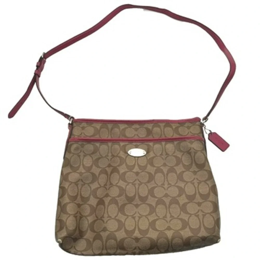 COACH Authentic Signature Shoulder Cross Body Bag Vegan Leather Brown Pink Purse